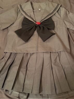 JK Kawaii Sailor Style Mini Dress with Black Bow - Gray